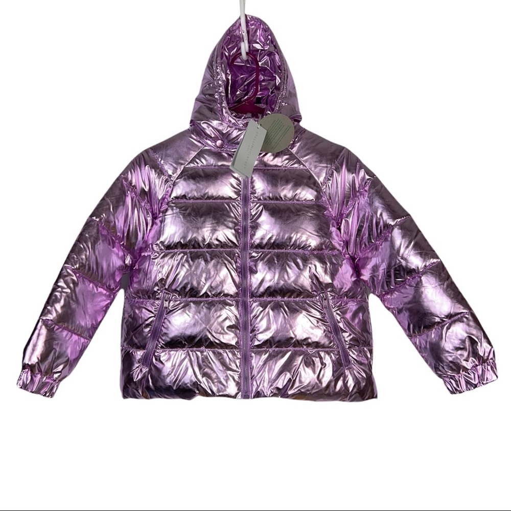 Stella McCartney Girls Foil Puffer Jacket Pink Metallic Hooded Pockets Zip 10Y